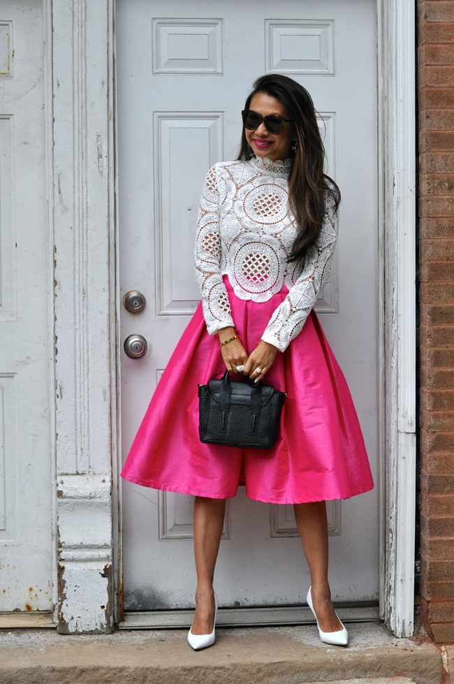 Stylish Pink Lace Skirt and White Lace Top Outfit