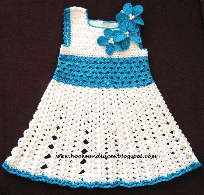 Hooks And Laces: Crochet White and Turquoise baby dress