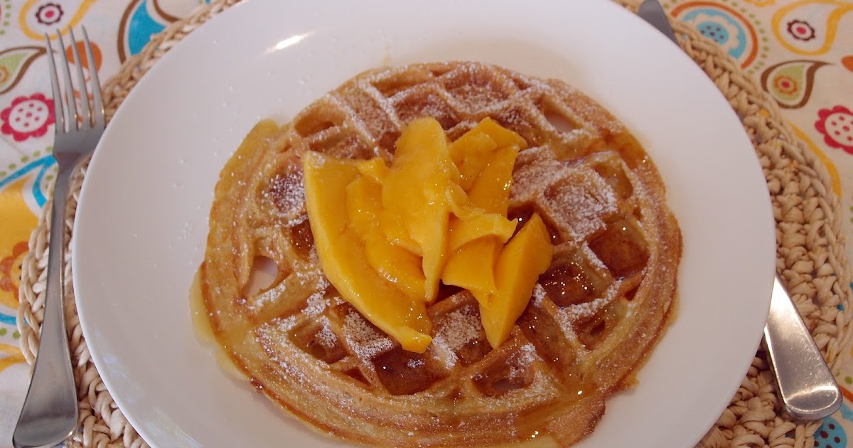 Milk and Honey Toasted Coconut Waffles with Fresh Mangoes and Palm Syrup