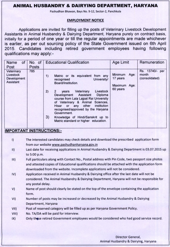 Haryana 785 VLDA Recruitment June 2015  .COM