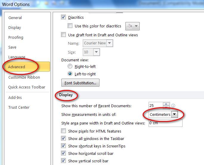 Microsoft word change units of measurement