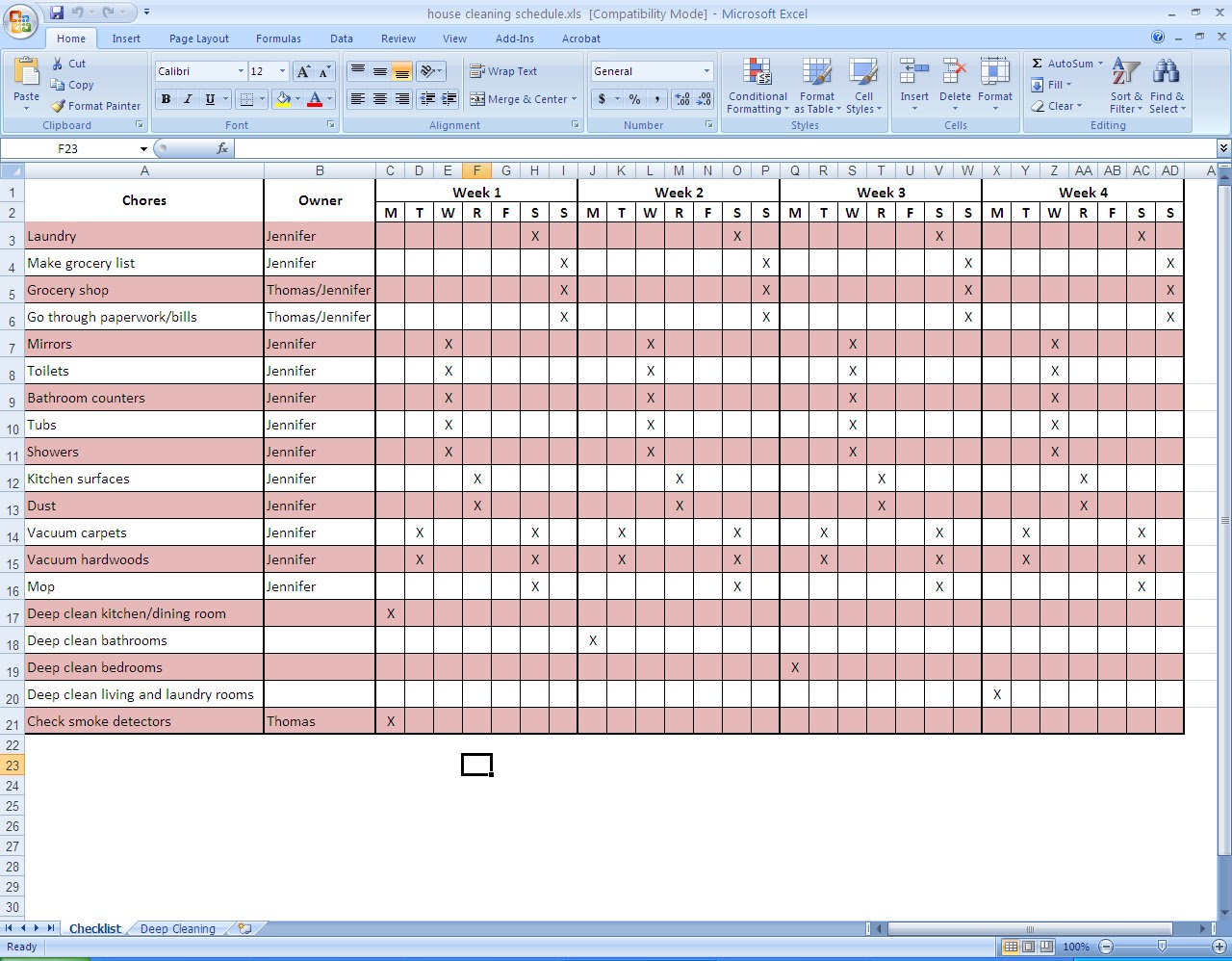 house cleaning schedule template