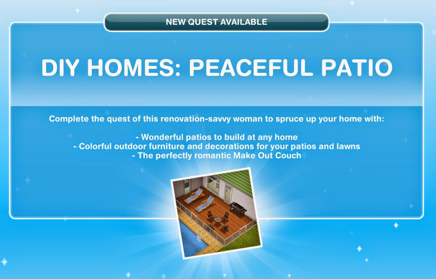 Sims Freeplay Quests and Tips Discovery Quest DIY Homes Peaceful Patio