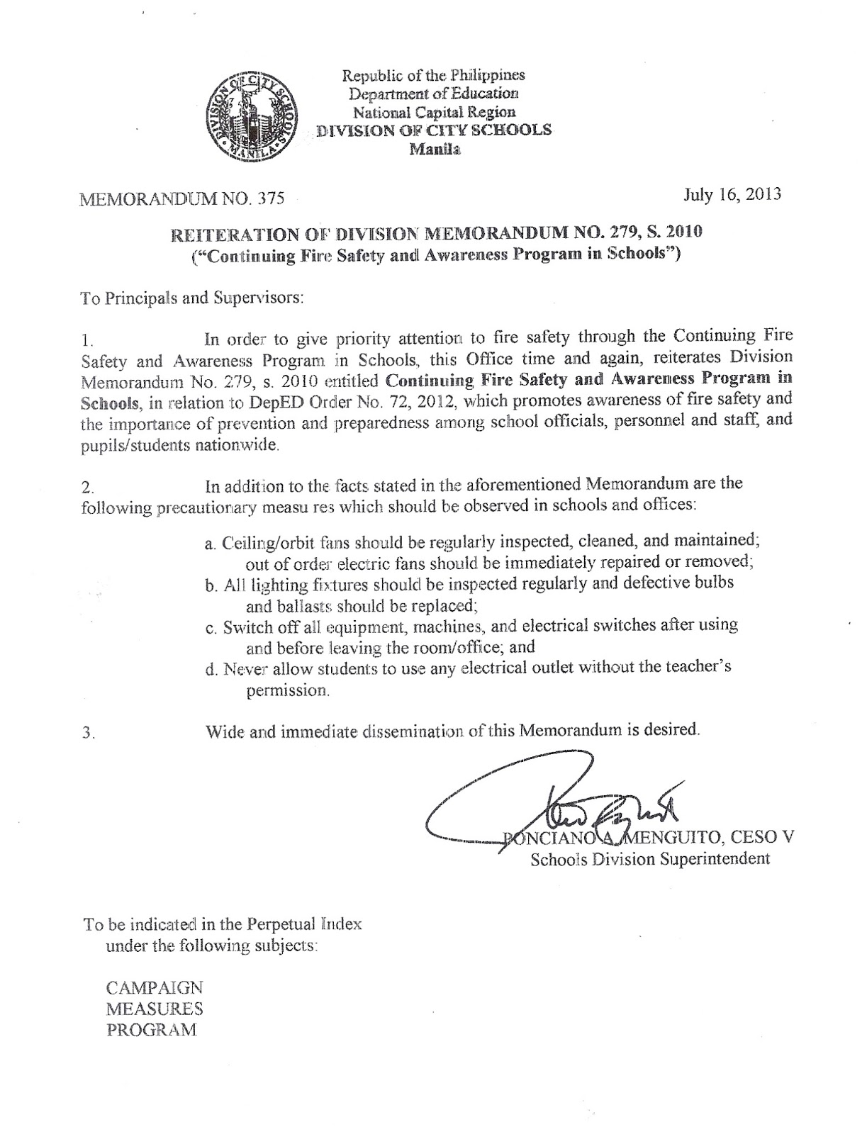 Department of Education Manila Division Memorandum No. 375