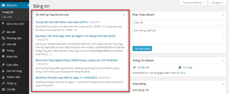 Wordpress - Thêm chức năng  hiển thị tin RSS tại dashboard 