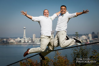 Jeff and Ian jump for joy after their wedding - Photo by Tom Ellis Jumping for joy because their married! Patricia Stimac, Seattle Wedding Officiant