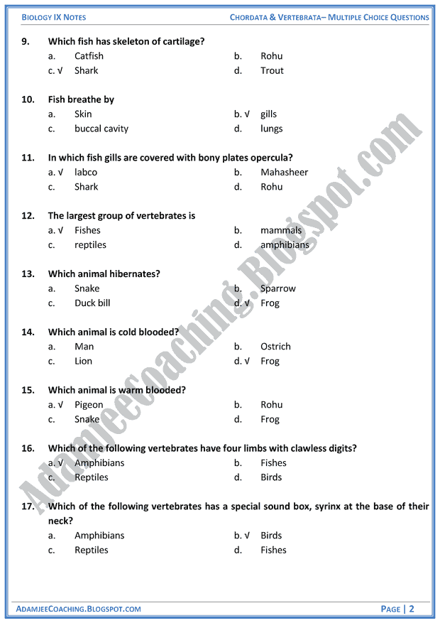 chordata-and-vertebrata-multiple-choice-questions-biology-notes-for-class-9th