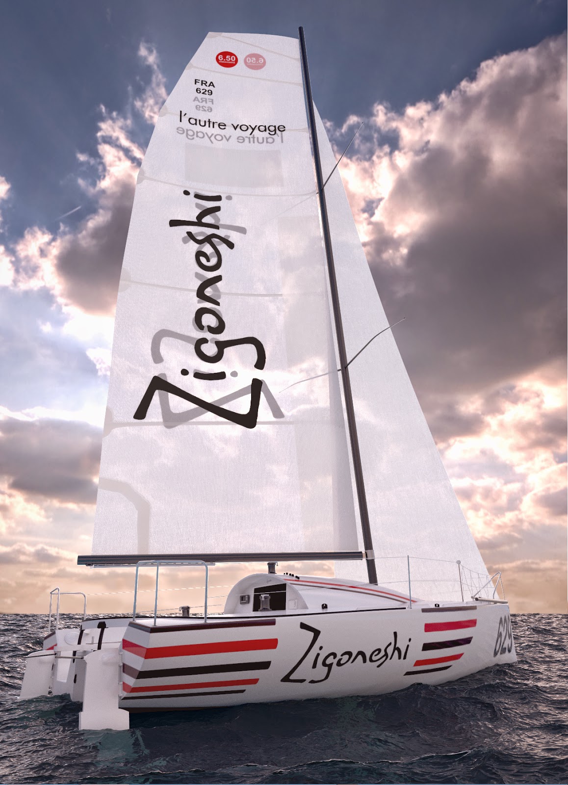 Le mini 6.50 Zigoneshi skippé par Olivier Jehl. Le mini 6.50 Zigoneshi skippé par Olivier Jehl.