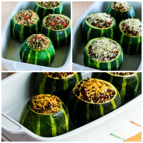 Stuffed Zucchini with Brown Rice, Ground Beef, Red Pepper, and Basil