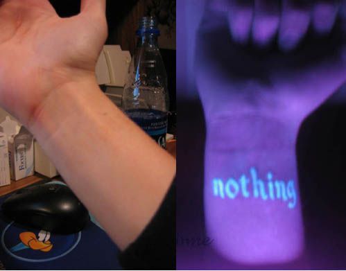 Above UV tattoos are invisible in daylight appearing only under UV light