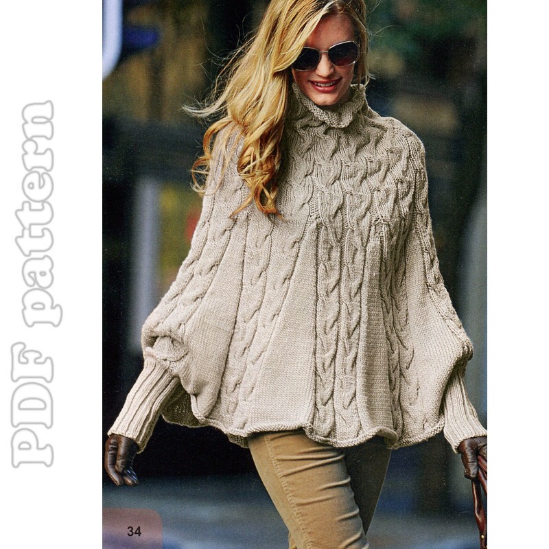 Puffy Sleeves Cable Turtleneck Poncho English Knitting ...