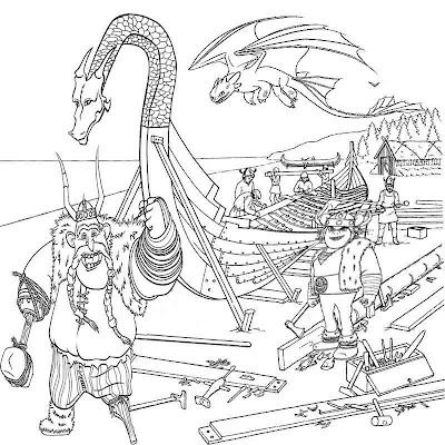 Toothless the night fury How to train your dragon coloring pages for kids to print Vikings longboat