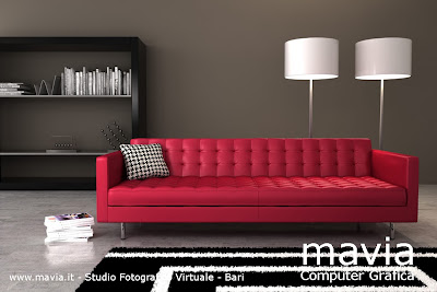 Modello 3d Divano di colore rosso in stoffa per salotto moderno. Rendering fotorealistico 3d realizzato in Cinema 4d e Vray