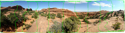 A panorama positioned and blended by Photomerge in Photoshop.
