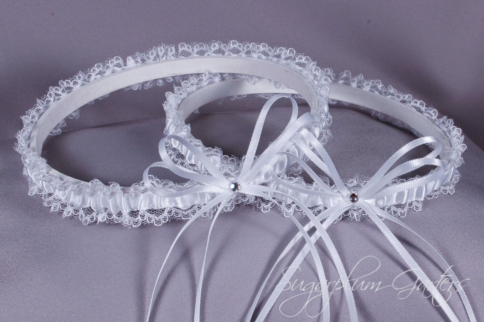 Wedding Garter Set in White Satin and Lace by Sugarplum Garters