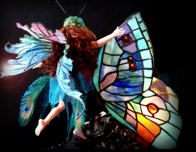 Deb Wood Enchanted Hearts Papilliona butterfly fairy with a stained glass accent lamp