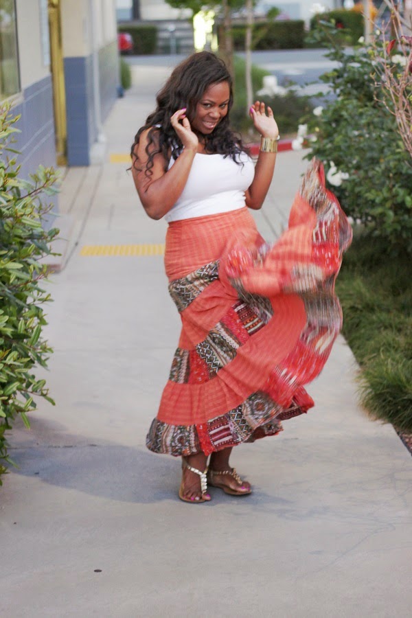 Orange Tribal Print Maxi Print Skirt White Tank Top Black Plus Size Fashion Blogger Melissa Geddis