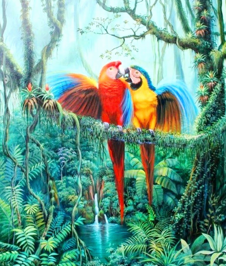 oleos-de-paisajes-con-pajaros cuadros-de-aves-en-paisajes