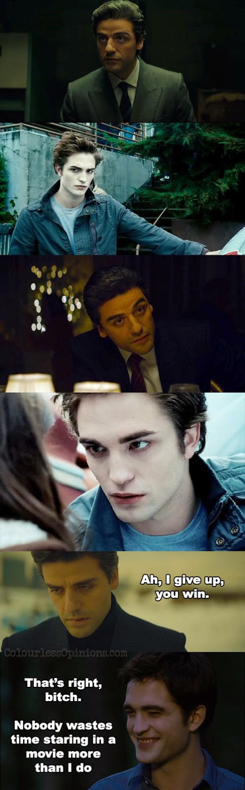 Sorry, I shouldn't even be comparing these two. Edward Cullen stare vs Oscar Isaac A most violent year movie meme