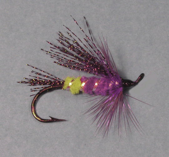 steelhead fly with green and purple and tinsel body, krystal flash tali and wing, and purple front hackle 