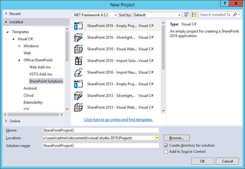 sharepoint 2016 project templates missing in visual studio 2015