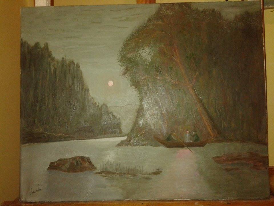 ribarenje na mesečini-ulje na platnu 40 x 50 cm-umetnik vladisav art bogićević