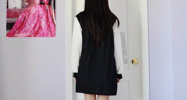 Dresslink Fashion Review: Longline Baseball Jacket Back view of the oversized baggy longline colorblocked baseball jacket from Dresslink.
