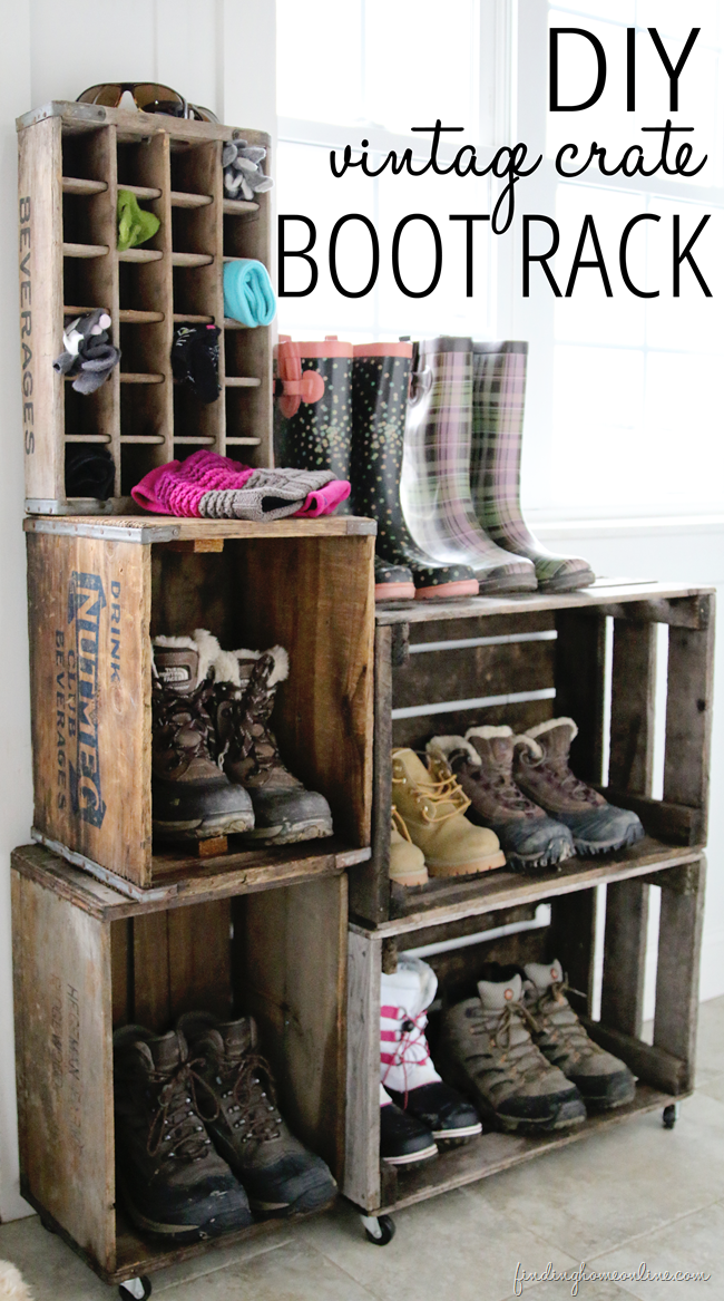 DIY vintage crate boot rack by Finding Home, featured on ILoveThatJunk.com