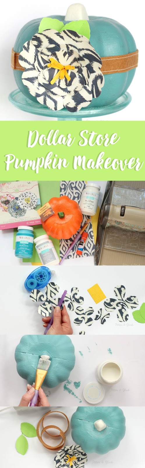 Take a dollar store pumpkin from cheap to chic using paint and a handmade paper flower. www.pitterandglink.com
