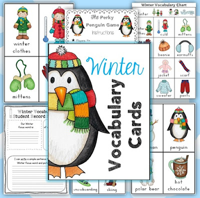 Winter Themed Vocabulary Cards with Game and Record Sheets