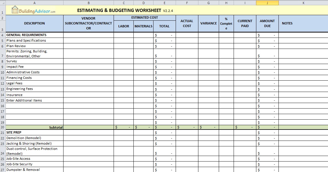 job costing spreadsheet
