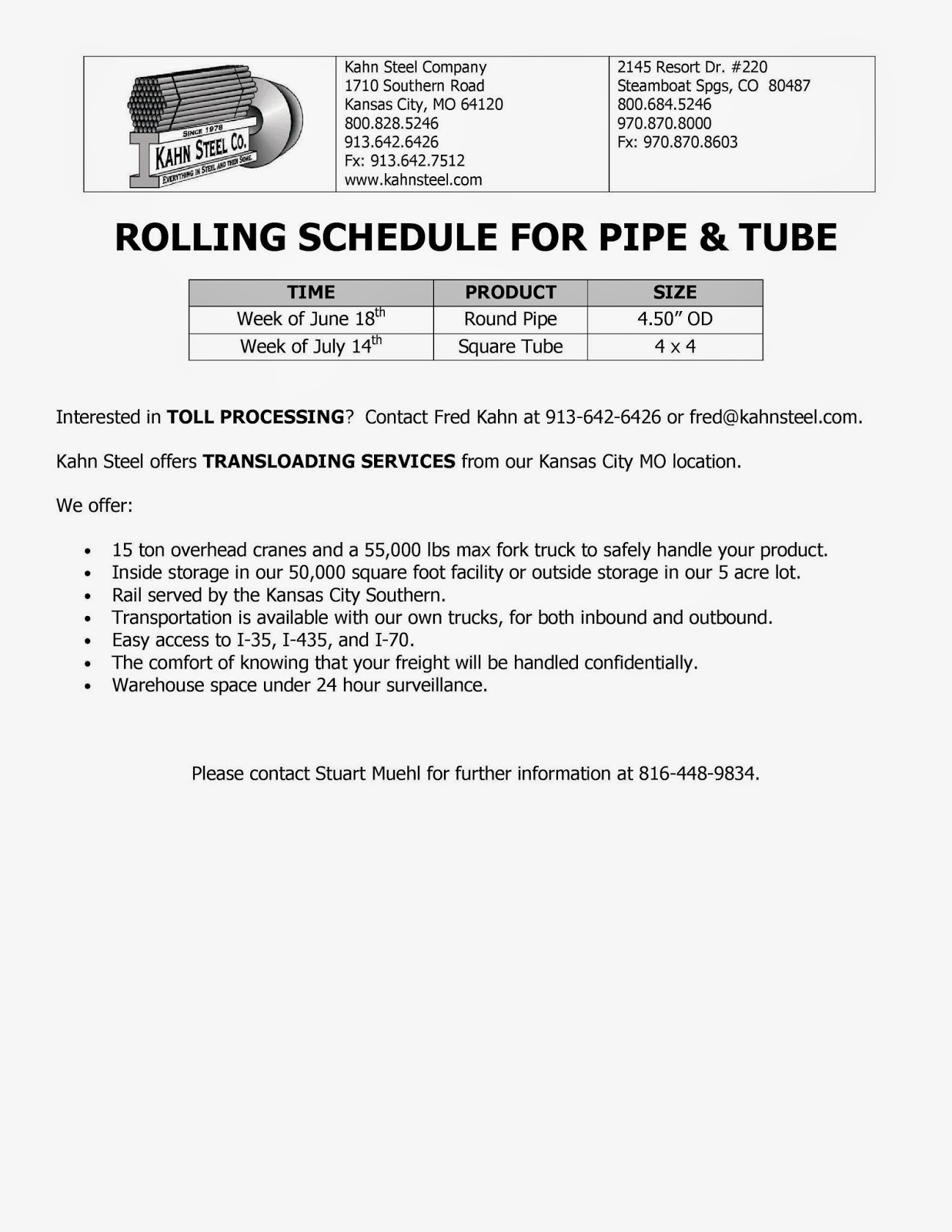 Kahn Steel Mill Rolling Schedule Our Current Mill Rolling Schedule