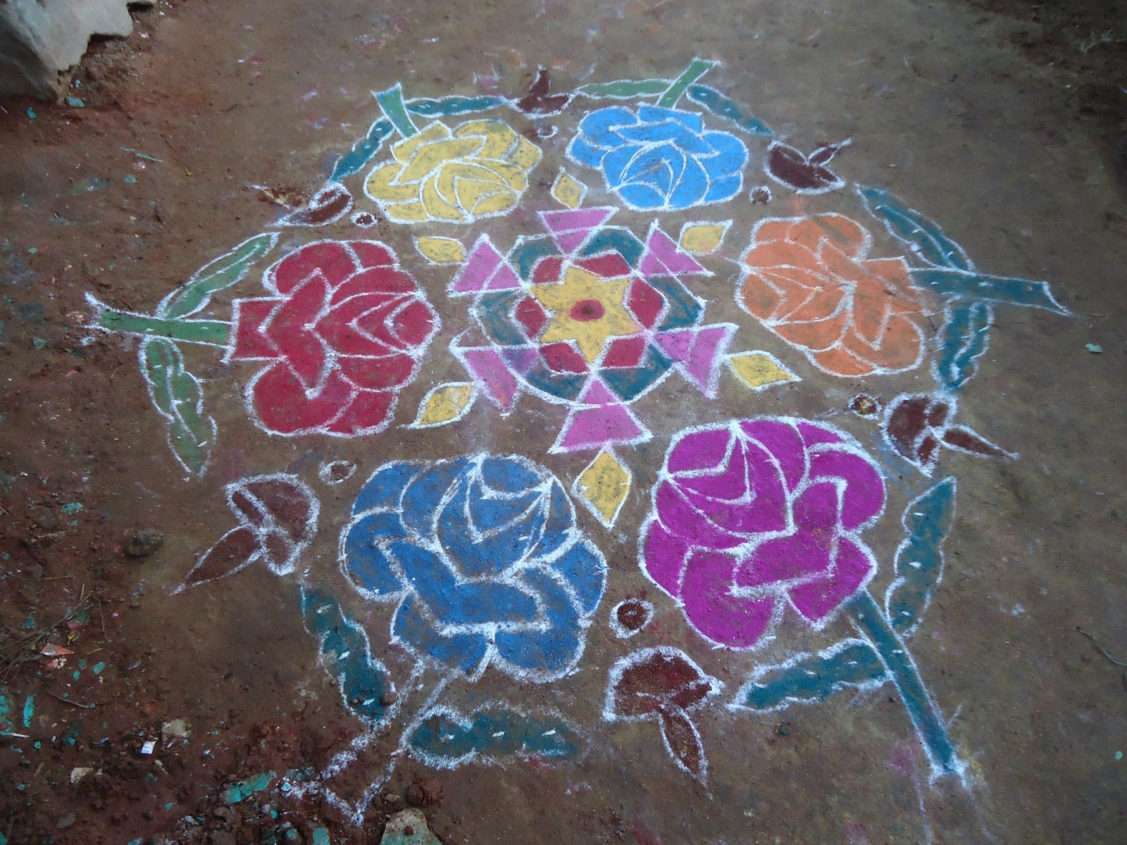 Beautiful Kolam and Painting Rose Kolam