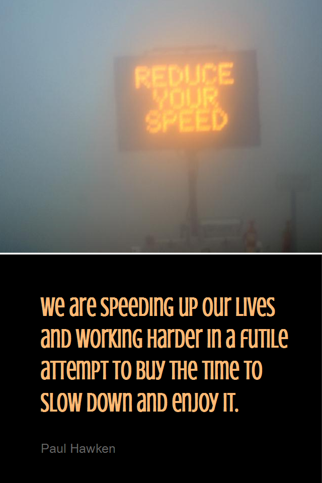 visual quote - image quotation for LIFE - We are speeding up our lives and working harder in a futile attempt to buy the time to slow down and enjoy it. - Paul Hawken