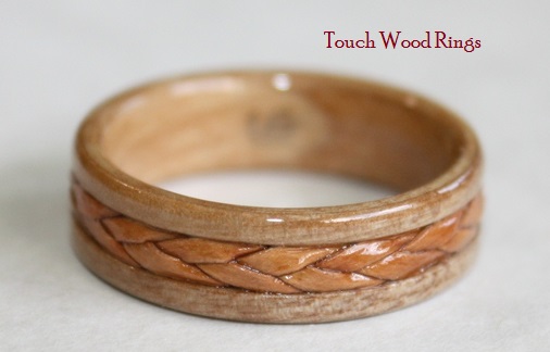 Touch Wood Rings Apple Wood Ring with braided Birch Bark inlay