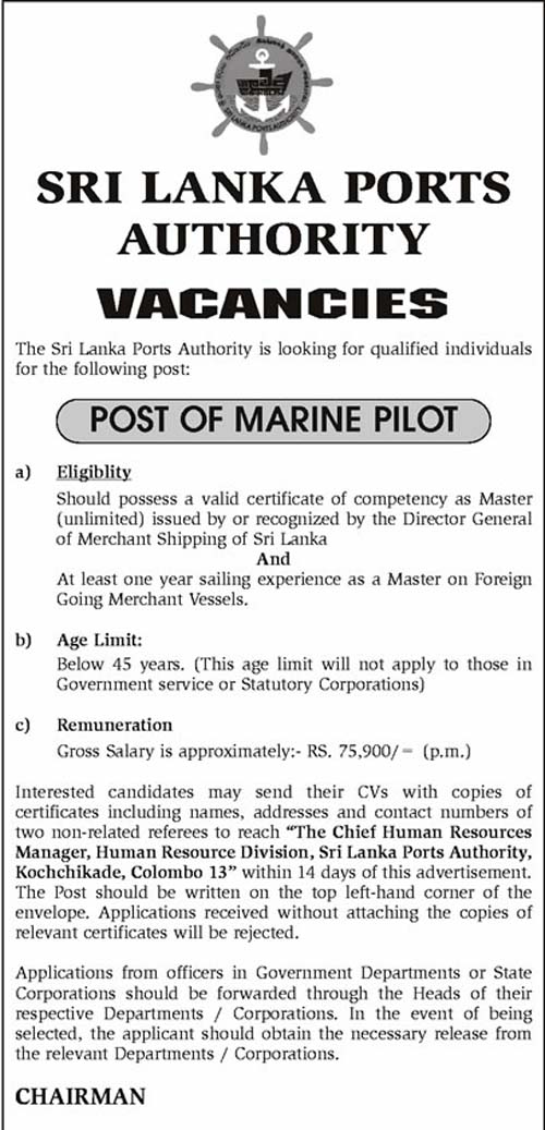 Vacancies for Marine Pilot at Sri Lanka Ports Authority