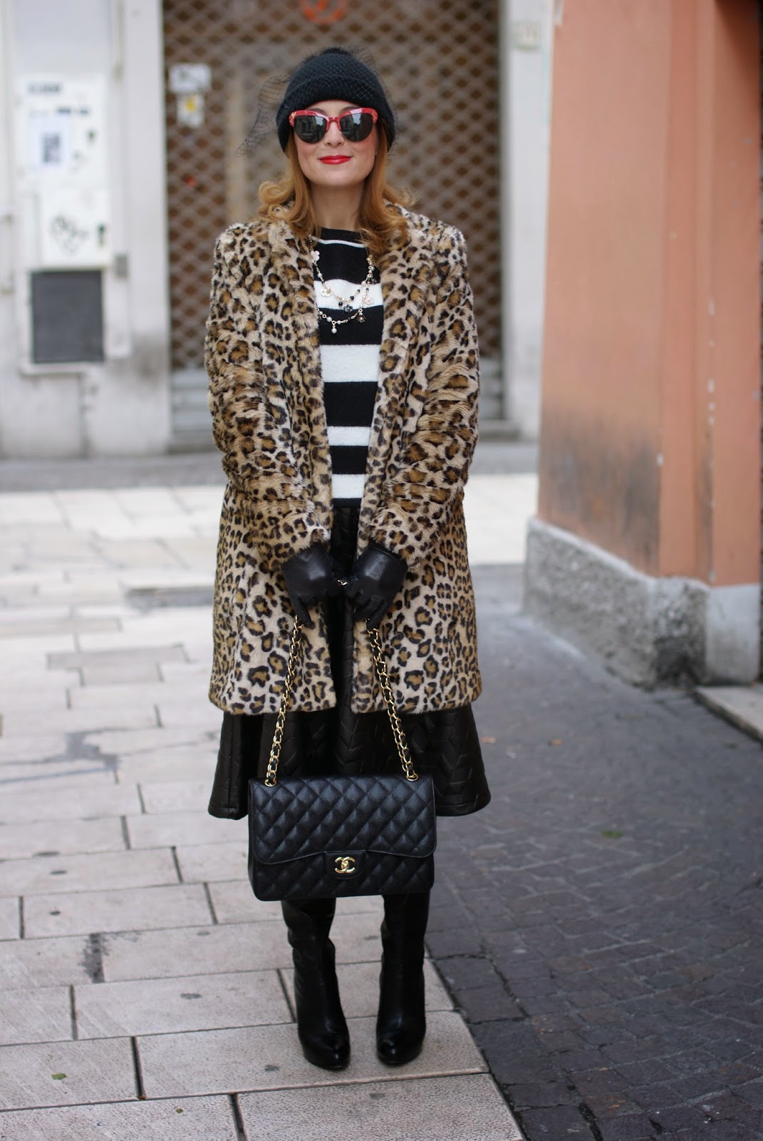 Zara leopard print faux fur coat with veiled beanie hat and Chanel 2.55 classic flap bag on Fashion and Cookies fashion blogger