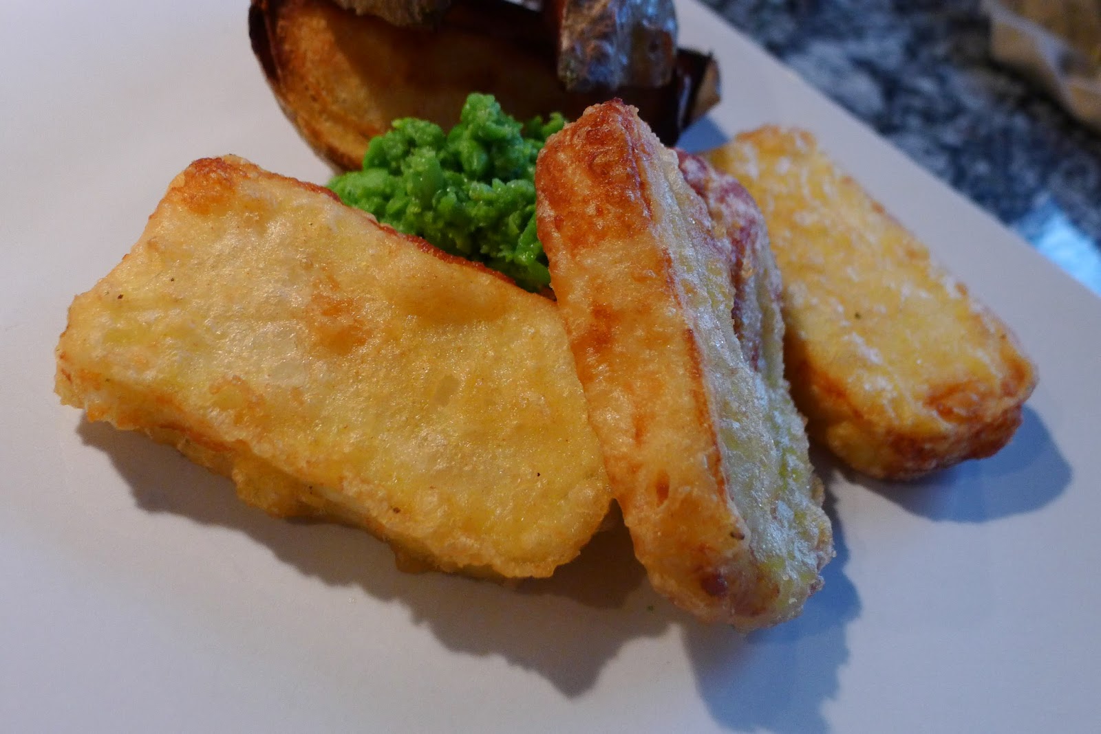 Bread and olives Beer battered halloumi and pea puree