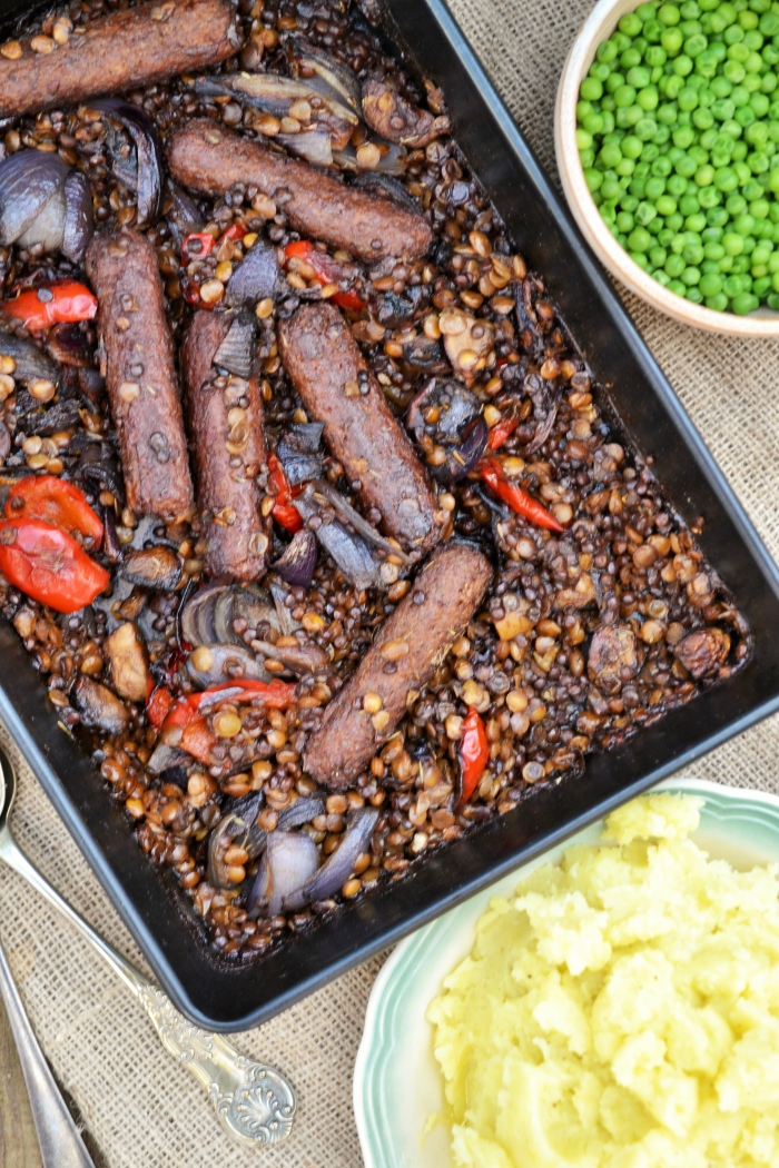 Veggie Sausage, Lentil and Red Pepper Bake Tinned Tomatoes