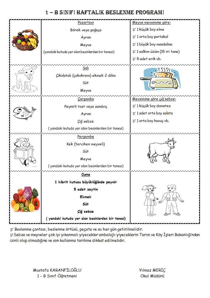 1.Sınıflar İçin Haftalık Beslenme Listesi 20182019