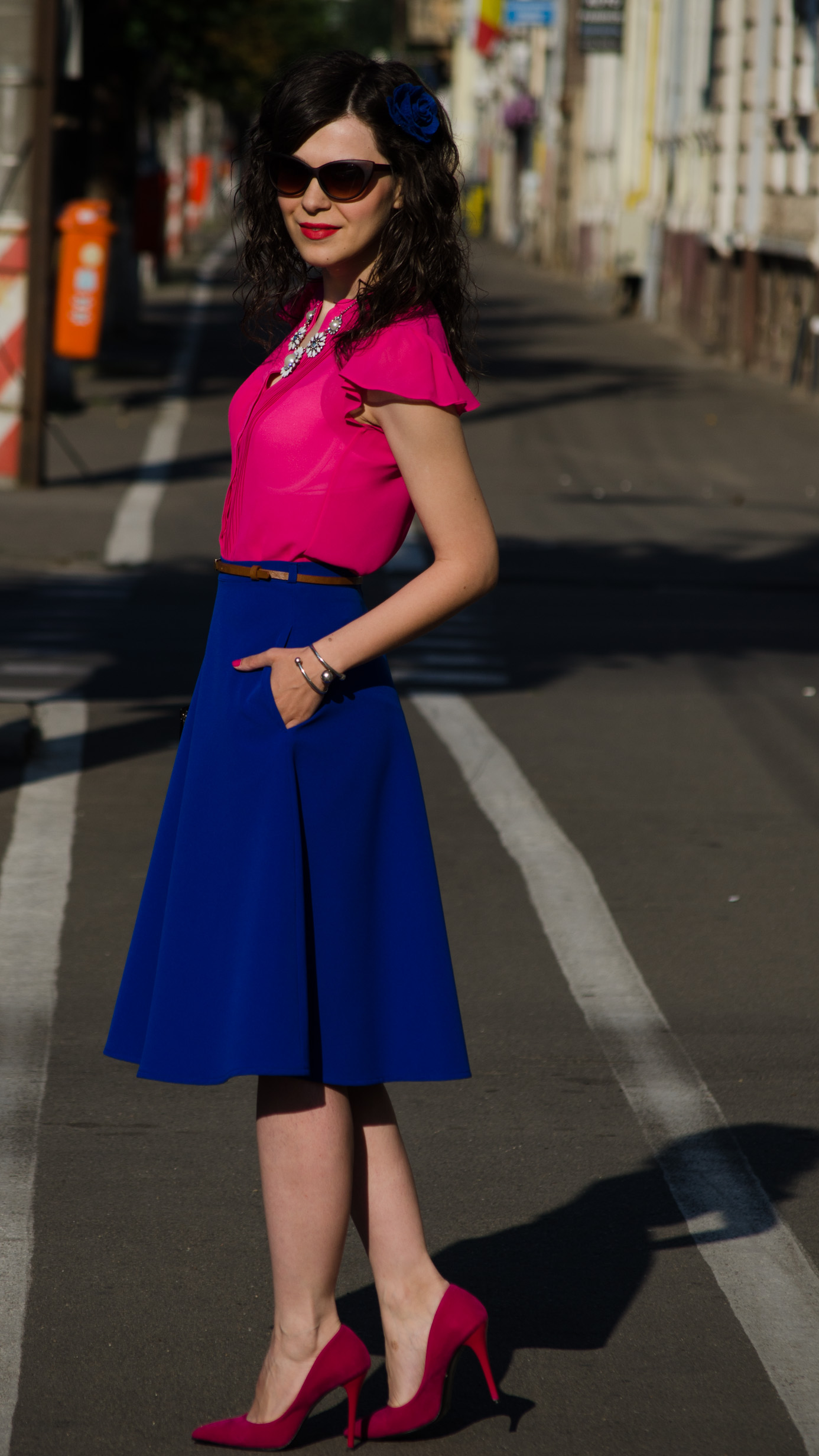 wedding attire cobalt blue skirt bright orchid shirt H&M fuchsia heels statement necklace