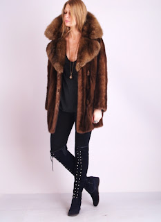 Vintage brown sable fur coat with large collar and front pom pom button closure.