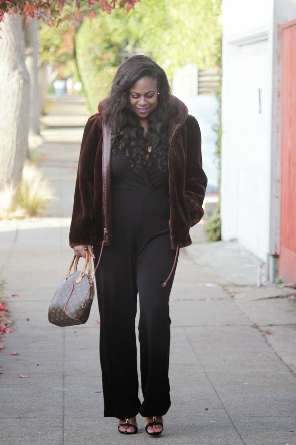 jumpsuit with fur jacket