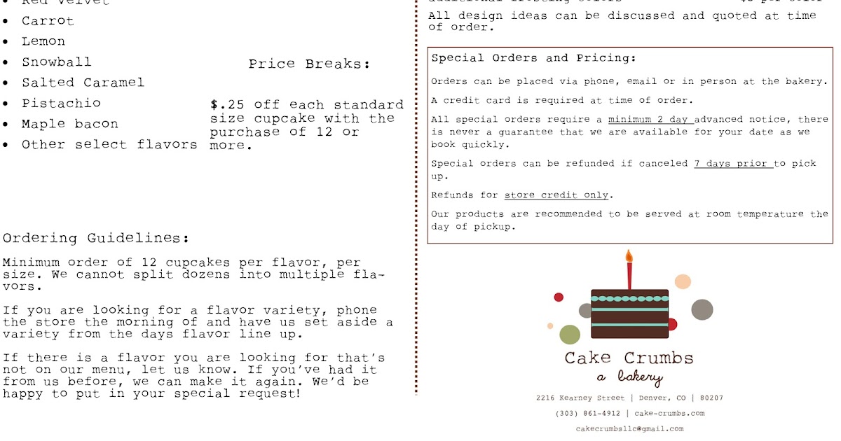 Cake Crumbs Bakery Cake Crumbs Cupcake Menu