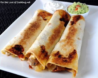 Pork Tenderloin, Caramelized Onion, and Monterey Jack Baked Flautas