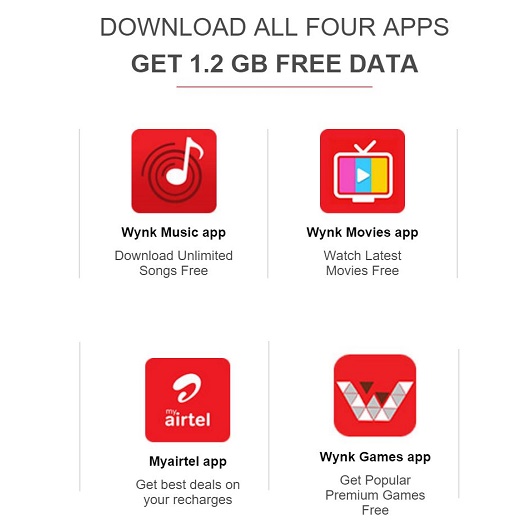 Airtel Loot- Get 1.2 GB Free Data On Downloading Four apps
