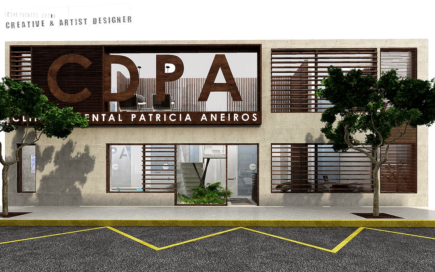 César Fuentes Zatón. Proyecto Interiorismo Clínica dental Patricia Aneiros. Fachada. Proyecto de Interiores.