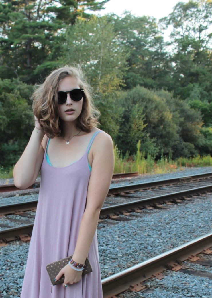 Slouchy dusty pink Brandy Melville dress, Aerie bralette, black and gold sunglasses