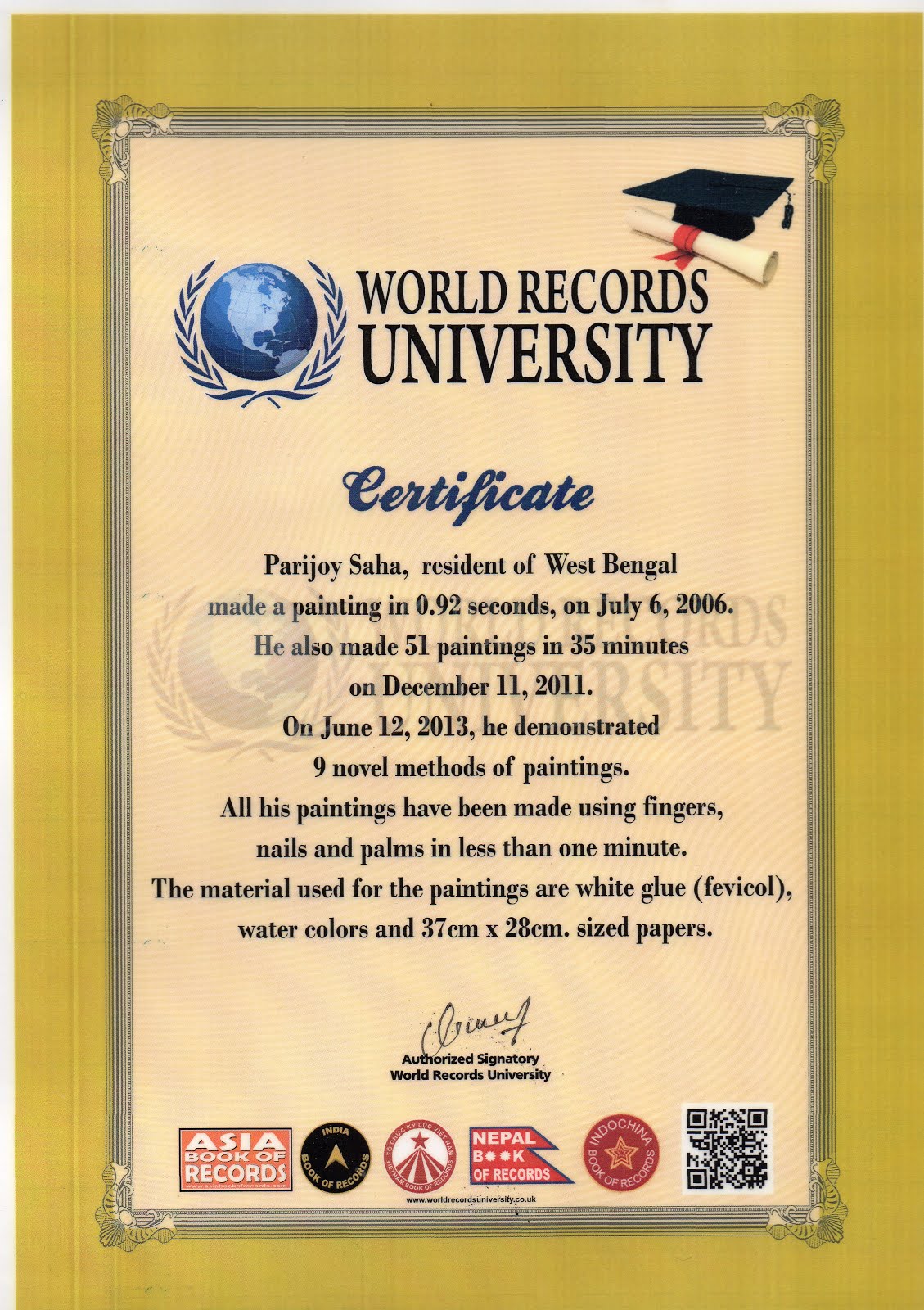 World Record Certificate World's Fastest Painter