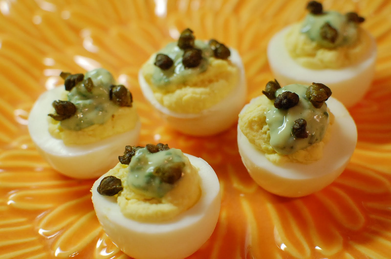 Reckless Abandon Deviled Eggs with Basil Aioli and Crispy Capers
